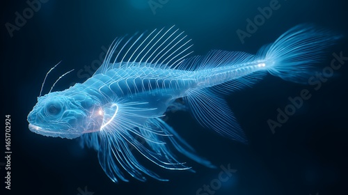 A bioluminescent dragonfish with long fins swimming in a glowing underwater cave 