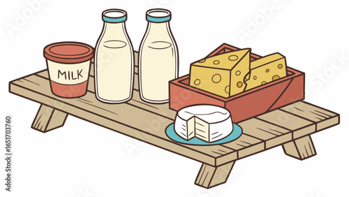 Illustration of fresh dairy products milk and cheese on a wooden table for healthy eating diet 95