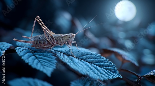 A cricket chirping on a leaf at night under soft moonlight 