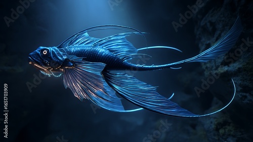 A bioluminescent dragonfish with long fins swimming in a glowing underwater cave 