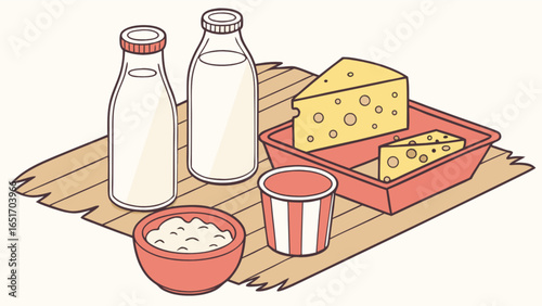 Cartoon dairy products illustration featuring milk bottles cheese yogurt and cottage cheese on wood board