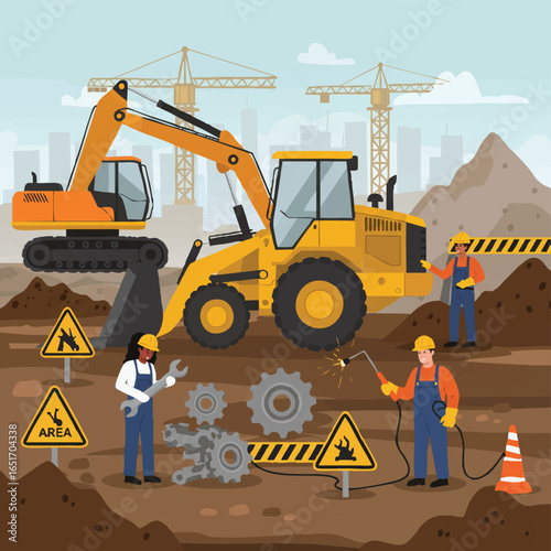 Construction workers operate heavy machinery and perform welding tasks at a busy urban development site with cranes in the background.