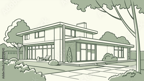Architectural rendering of modern house with flat roof and large windows in green landscape design style