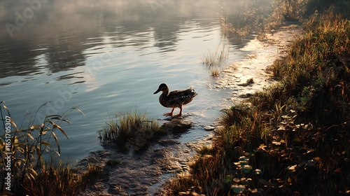 A duck walking along the edge of a pond in the early morning light