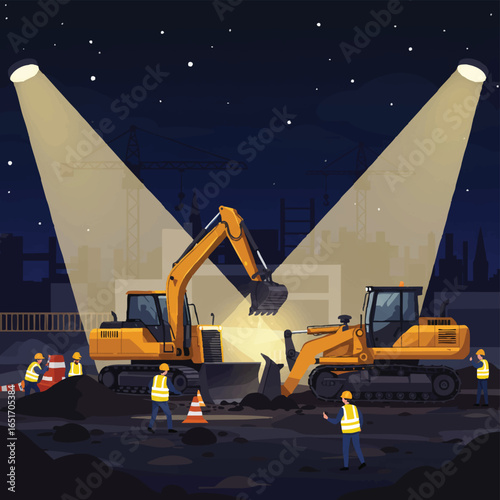 Nighttime construction scene with two excavators illuminated by spotlights, workers in hard hats and safety vests operating heavy machinery under bright lights at an industrial site.