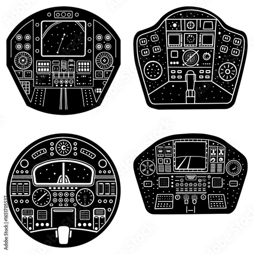 Four black and white cockpit panels featuring various gauges and displays in a vector style illustration