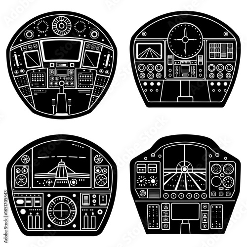Four black and white cockpit panels with various gauges and controls in a vector graphic design layout