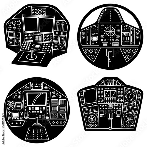 Illustration of four different aircraft cockpit dashboards with various instruments and controls shown in black and white