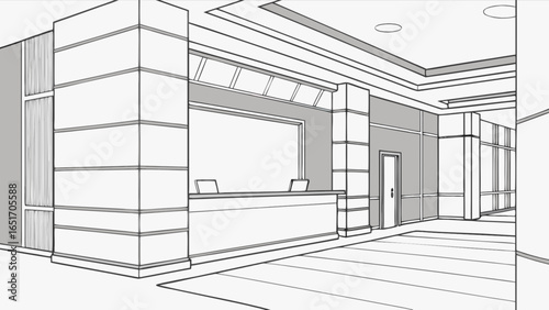 Architectural sketch of modern office lobby interior design with reception desk and waiting area space