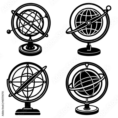Four black and white armillary spheres on stands with varying globe designs and orbital rings
