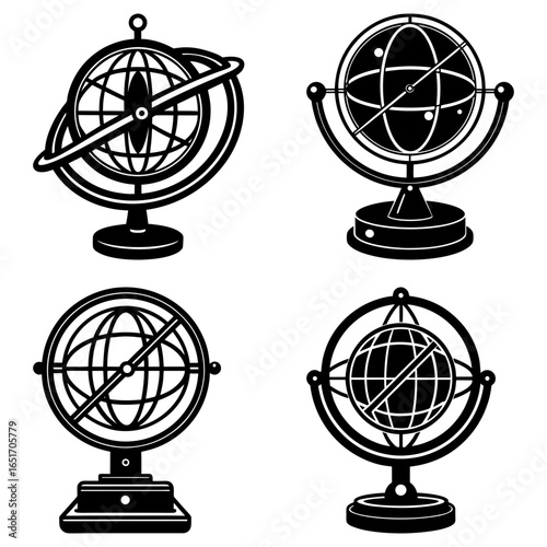 Four black and white armillary spheres with stands in a square arrangement on a white background