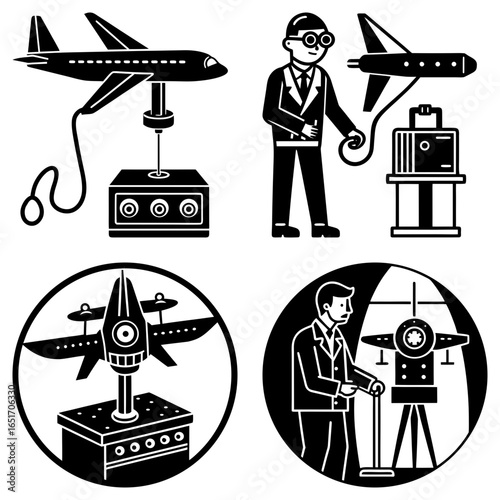 Illustration showing scientists conducting experiments on model airplanes with various equipment
