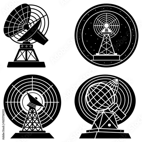 Four black and white radar dishes and communication towers in a vector graphic illustration
