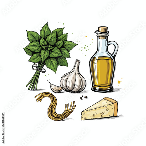 Hand-drawn illustration of Italian cooking ingredients, including basil, garlic, olive oil, spaghetti, and parmesan cheese.