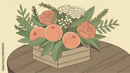 Still life painting of peaches and roses in a wooden crate on table, floral arrangement art