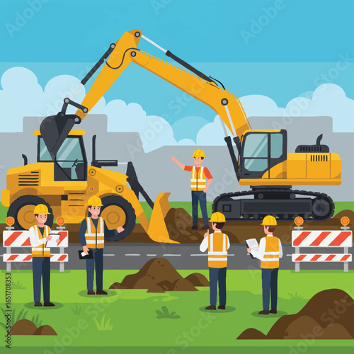A construction scene depicts a team of workers coordinating with heavy machinery like excavators and loaders in a vibrant illustration of a building project.