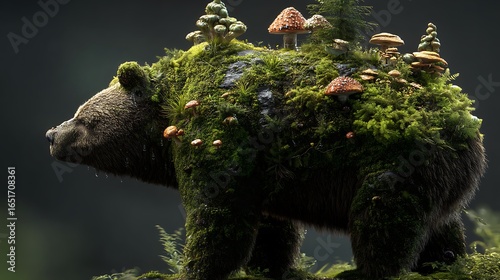 A bear with moss and mushrooms growing on its back, protector of the enchanted forest