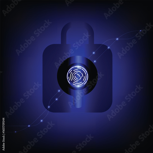 Digital fingerprint icon glowing in circular design, set against dark blue background with abstract lines and lights, symbolizing security and technology