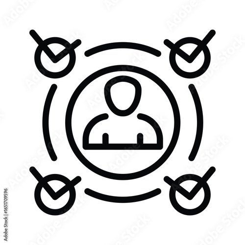 Outline of person in circle with checkmarks around connected by curved lines, web icons in line style. Editable stroke