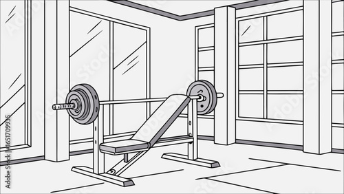Gym interior illustration with weight bench and barbell for fitness and strength training workout 95