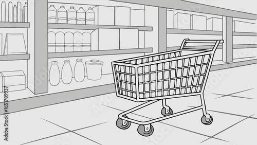 Illustration of shopping cart in supermarket aisle with shelves and grocery products concept art