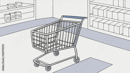 Illustration of shopping cart in supermarket aisle for grocery shopping and retail concept use for design