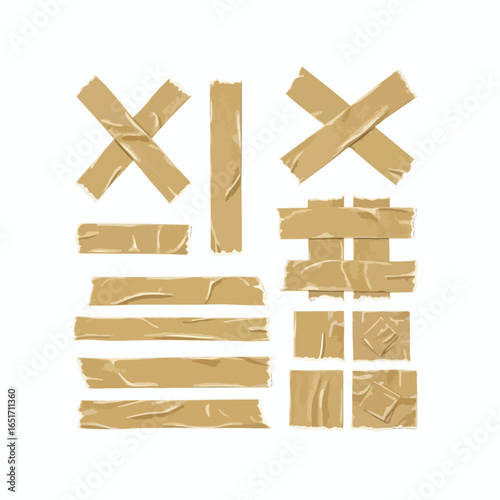 Collection of tan adhesive tape pieces in various shapes and arrangements, including strips, squares, and cross patterns.