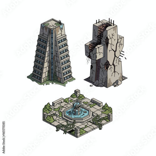 Three isometric illustrations of dilapidated buildings and a ruined fountain, depicting a post-apocalyptic cityscape.
