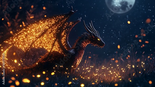 A dragon with wings made of fireflies, glowing softly as it glides over a moonlit meadow.