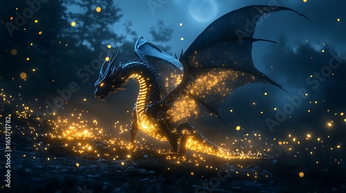 A dragon with wings made of fireflies, glowing softly as it glides over a moonlit meadow.