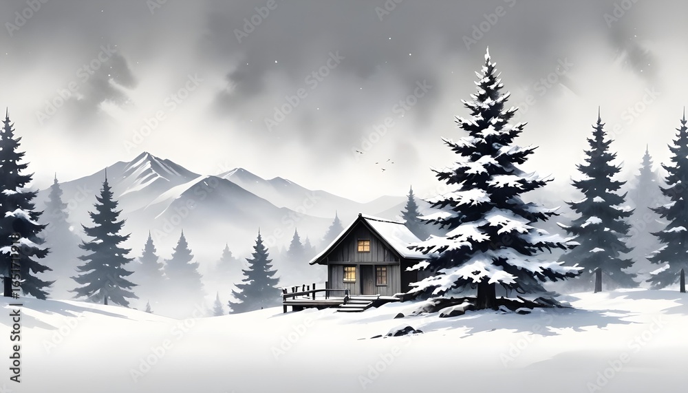 Fototapeta premium Watercolor scene of a winter landscape with snow, pine trees, and a cabin, embodying a festive Christmas atmosphere
