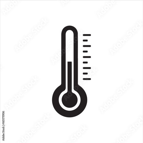 Black thermometer icon on white background. Minimalist medical and temperature measurement symbol