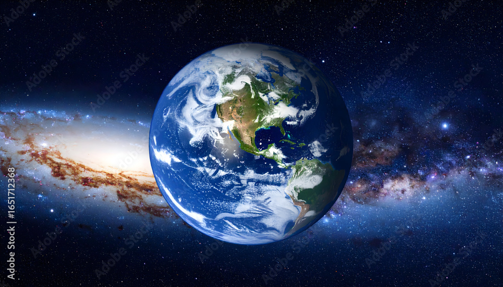 Fototapeta premium Earth Globe Floating In Space Showcasing North America Against Milky Way Galaxy Background