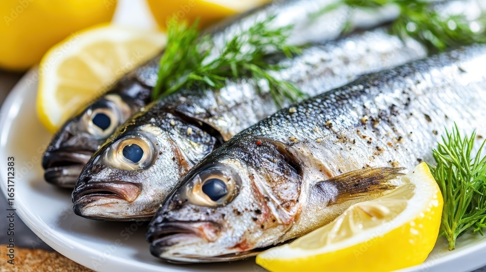 Fresh Sardines with Lemon and Dill on a White Plate Arrangement Fresh Sardines with Lemon and Dill on a White Plate Arrangement