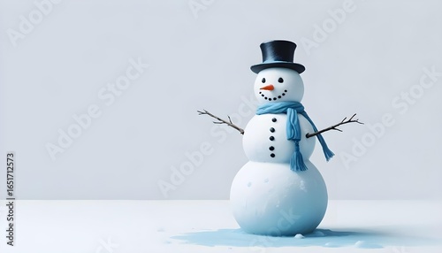 A snowman in a top hat is nestled in the snow, embodying the warmth of Christmas within a stunning winter landscape