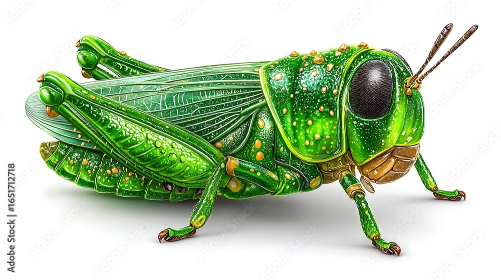 Fototapeta premium Vivid Green Grasshopper Insect Isolated on White Background Natures Beauty.