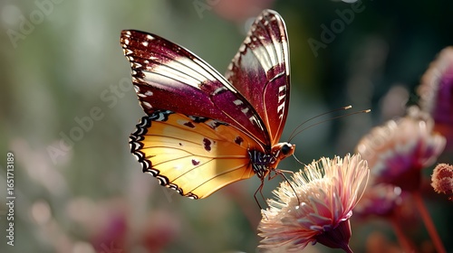 A butterfly with open wings drinking nectar from a blooming flower