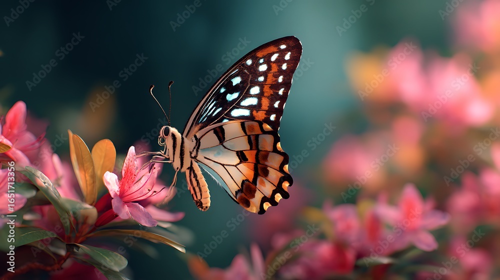 Naklejka premium A butterfly with open wings drinking nectar from a blooming flower