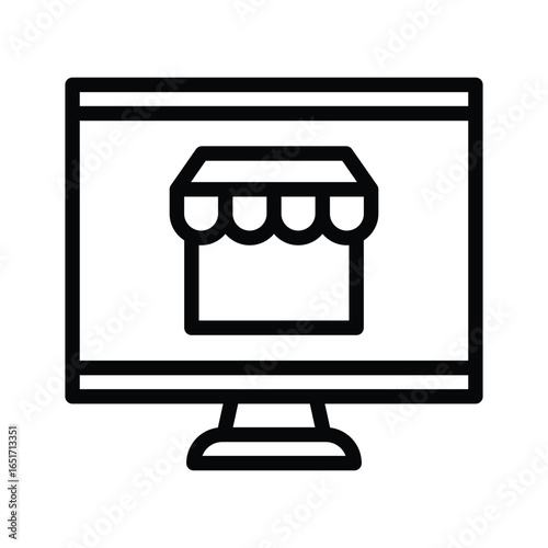 Computer screen displaying an online store icon, web icons in line style. Editable stroke