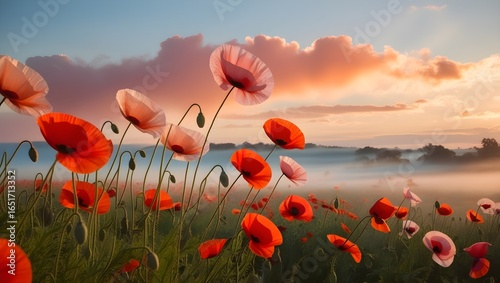 A beautiful field of vibrant red poppy flowers sways gently under a cloudy sky. Perfect for nature lovers and floral enthusiasts,
