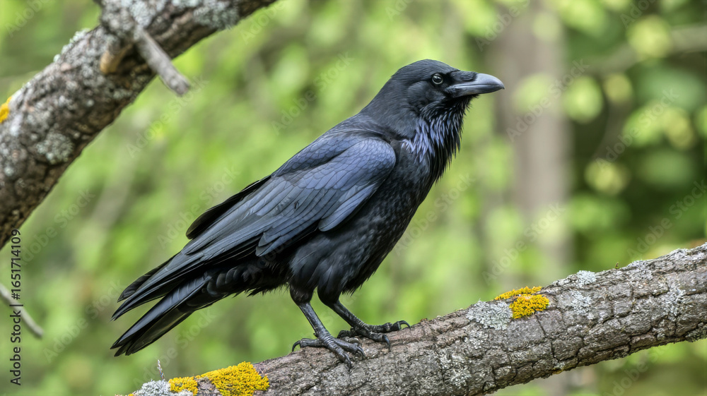 Fototapeta premium black crow perched on tree branch with green forest background
