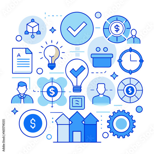 A vibrant collection of blue and white line art icons representing business growth successful ideas financial targets and project management strategies