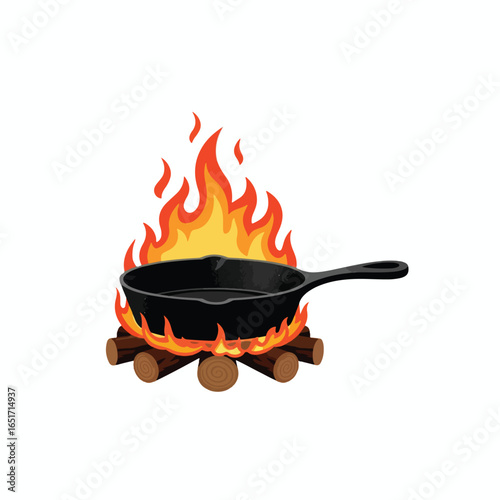 Cast iron skillet over a campfire, flames rising, illustration.