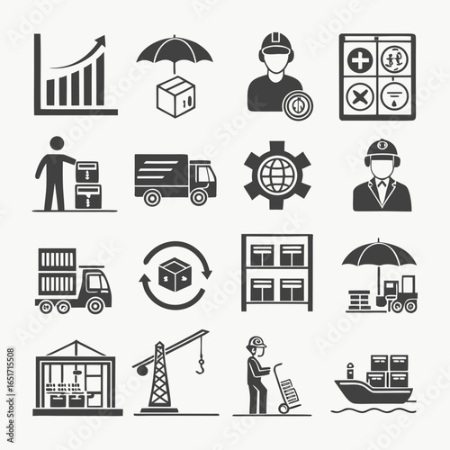 A collection of logistics and supply chain management icons representing growth delivery warehousing and global operations