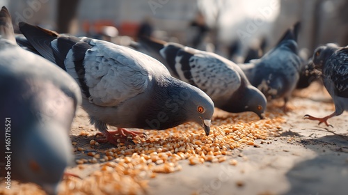 A group of pigeons pecking corn kernels in a city park square 