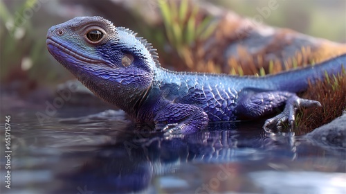 A small water dragon with shimmering blue-purple scales living in a hidden lake