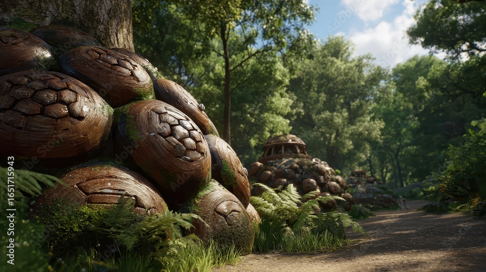 Obraz premium Enchanted Forest Pathway Surrounded by Magical Turtle Shells