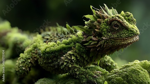 A tiny forest dragon camouflaged like leaves and moss 