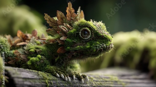 A tiny forest dragon camouflaged like leaves and moss 