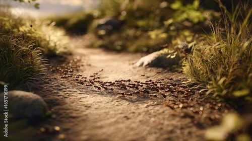 A trail of ants carrying crumbs back to their anthill on a dirt path 